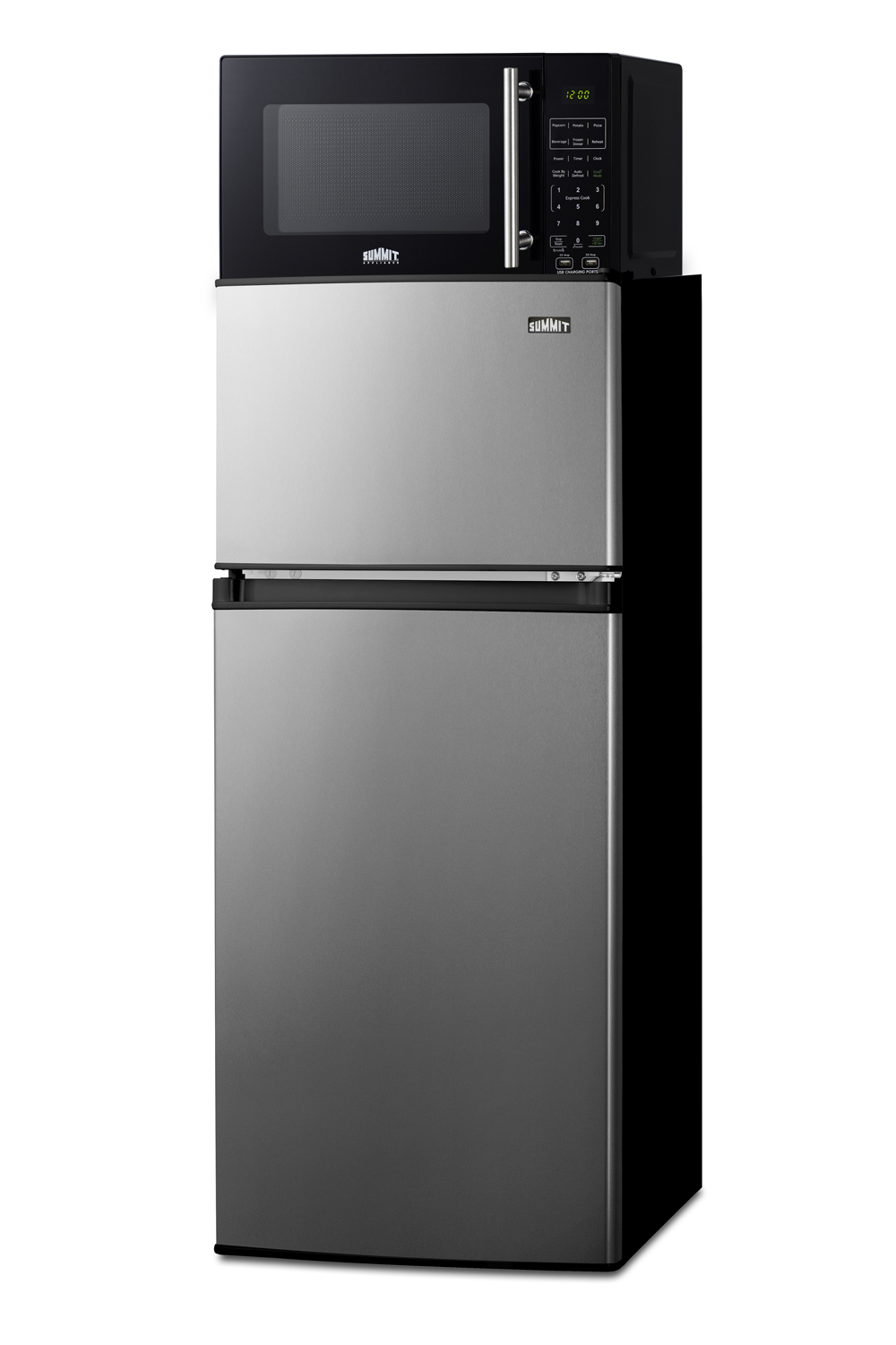 2-door mid-sized refrigerator-freezer in a stainless steel look and compact microwave in black with allocator and USB ports for 1-plug operation; ships in three boxes on one pallet